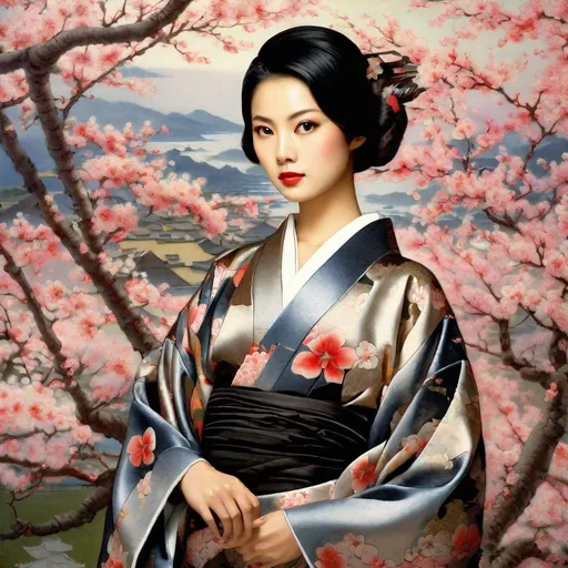 Prompt: RAW photo, pretty young Indonesian woman, 25 year old, (round face, high cheekbones, almond-shaped brown eyes, epicanthic fold, small delicate nose, short black hair), ample chest showing skin revealing skintight detailed flower patterned kimono with décolletage by Hirohiko Araki, ((backdrop cherry blossoms)), masterpiece, intricate detail, hyper-realistic, photorealism, hyper detailed texturing, high resolution, best quality, UHD, HDR, 8K, award-winning photograph, octane render