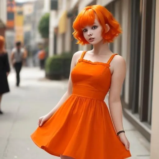 Prompt: girl with orange short hairs orange hairs  buetiful orange dress