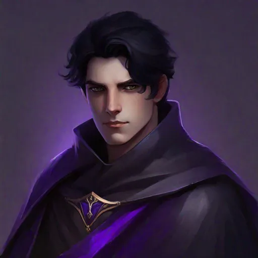 Prompt: Desmosin (male, black hair, purple eyes) wearing a cape