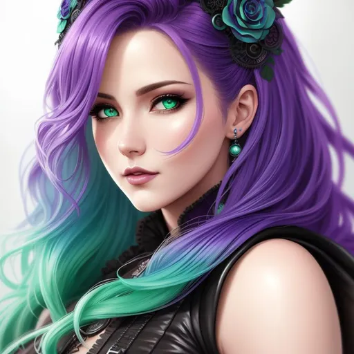 Prompt: A hyper realistic detailed character poster ((full body)) image of a ((beautiful woman)),  with intricate ((sexy steampunk clothes)) with ((mint ombre hair)) a ((gothic purple steampunk dress)), balayage wild hair, highly detailed, digital painting, Trending on artstation, HD quality, ((by Prywinko)), ((sexy))