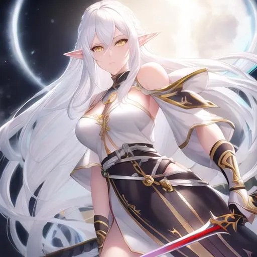 Prompt: Alone male elf, smooth soft skin, big dreamy yellow eyes, beautiful fluffy intricate colored white hair, symmetrical, anime wide eyes, soft lighting, detailed face, wlop, rossdraws, concept art, digital painting, smooth, elf ears, shoulder length hair, gray skin, red clothes, DnD, 8k, Full HD, elegant, holding a sword, full body image