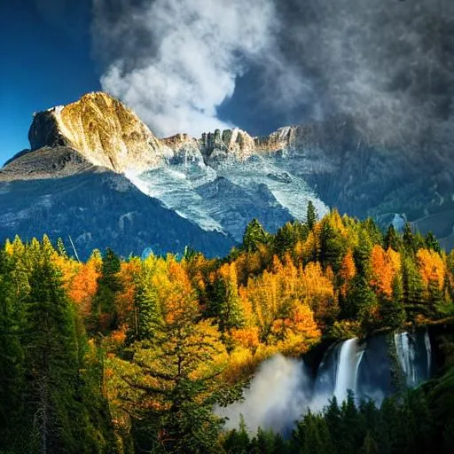 Prompt: realistic photo mountain peaks, valley, village, chimney, smoke, waterfall