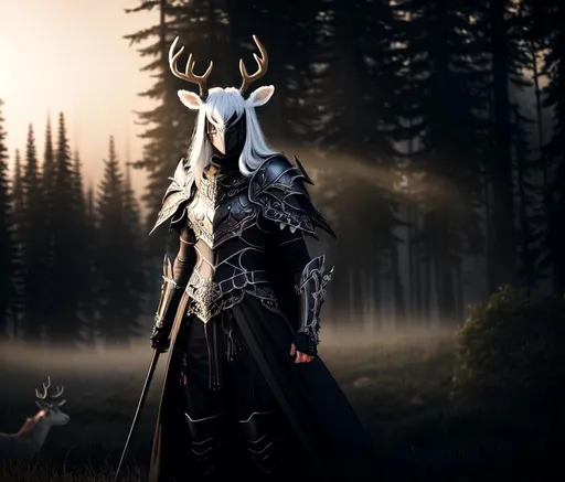 Prompt: full body portrait of a male beautiful necromancer wearing a deer skull mask and in scale armor and white braid hair and dark cloak, and metal arms and gauntlets in front of misty forest at sunrise, dark fantasy, hyper realistic, realistic, hdr, micro details, dark anime details, perfect compensition western battle background, perfect composition, hyperrealistic, render, super detailed, 8k, high quality, trending art, trending on artstation, sharp focus, studio photo, intricate details, highly detailed, creative, hair, fan art, glistening, refracting, leaves, hyperrealism, volumetric-lighting, translucent
