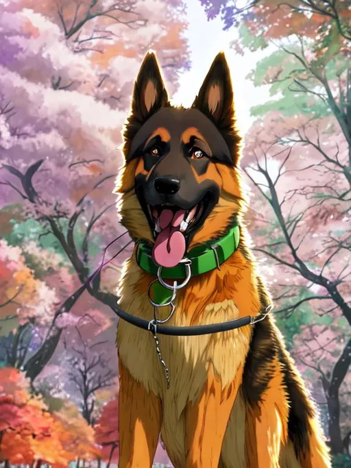 Prompt: Studio ghibli anime style, vivid colours, HDR, German shepherd dog, happy, playing at the park, ball in mouth, wearing hunter green collar
