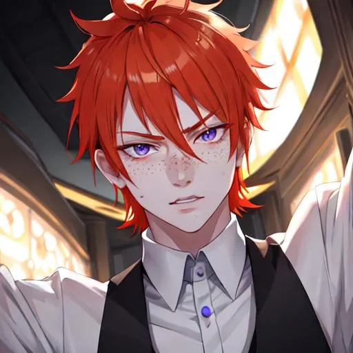 Prompt: Erikku male (short ginger hair, freckles, right eye blue left eye purple) muscular, UHD, 8K, Highly detailed, insane detail, best quality, high quality. mob boss