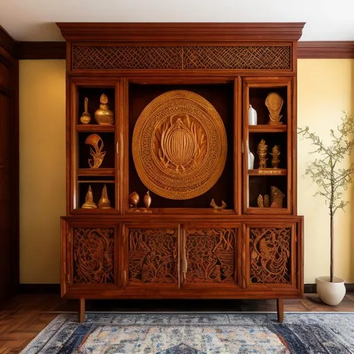 Prompt: A photo of a room with a mid century modern media cabinet with a tradition Thai style carved wood panel on the front of the cabinet, photo realistic, architectural render, architectural photograph