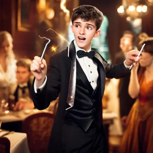 Prompt: 16 year old boy in a tuxedo casts a spell with his magic wand at a restaurant. He points his magic wand and sparkling magic goes flying out of his magic wand at a lady who is screaming at the magic as it flies towards her