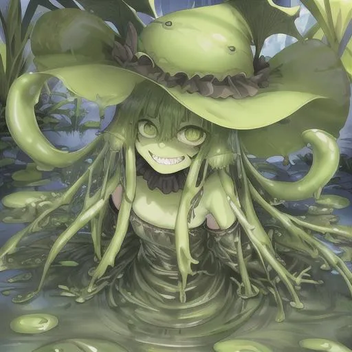 Prompt: Slime Girl, Green, Swamp Pond, Razor Leafs, Grand Mexican Hat, Happy Wide Creepy Face, Jagged Teeth Smile