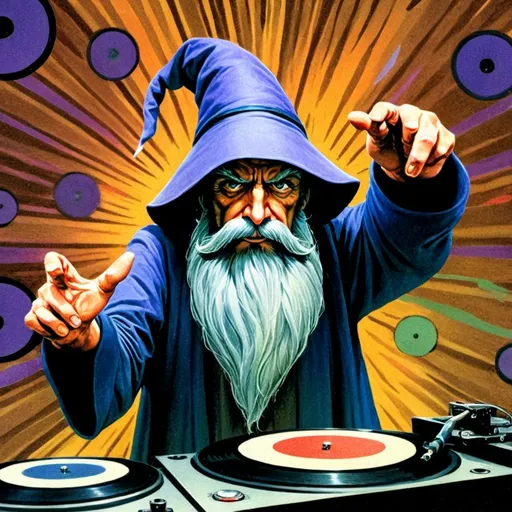 Prompt: Wizard, with a long gray beard, smiling, wearing bluish/purplish clothes, wearing a pointed wide-brimmed wizard hat, standing behind a set of turntables, scratching record with one hand, surrounded by colorful lights, surrounded by abstract lifeforms, detailed, colorful, dramatic, graphic novel illustration, 2d shaded retro comic book