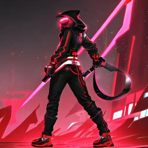 Prompt: Male character, black but red neon gas mask, cyber netrunner hood (black but neon red), neon red Sword In its Back, Red Mecha Cyber Jacket, black jeans, red shoes