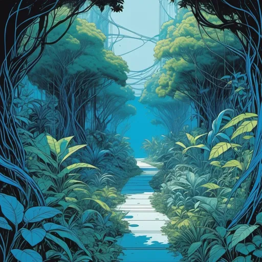 Prompt: Blue Alien jungle with a lot of trees and vines, moving plants, in the style of Moebius