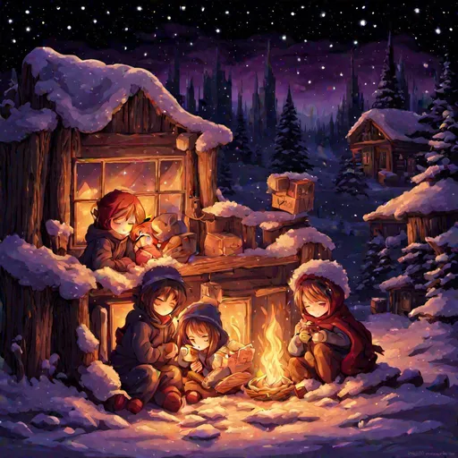 Prompt: there's nothing in this world that can express how much i love you, glow, love, hearts, anime boy(with brown hair) and girl(with purple hair) couple inside a log cabin snuggled up together in front of a log fire trying to keep warm, wrapped in blankets with hot coco besides them, white, silvery snow outside 