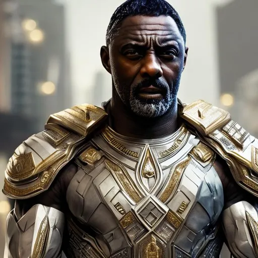 Prompt: idris elba, detailed face, muscular, white toga, gold jewelery, scifi
