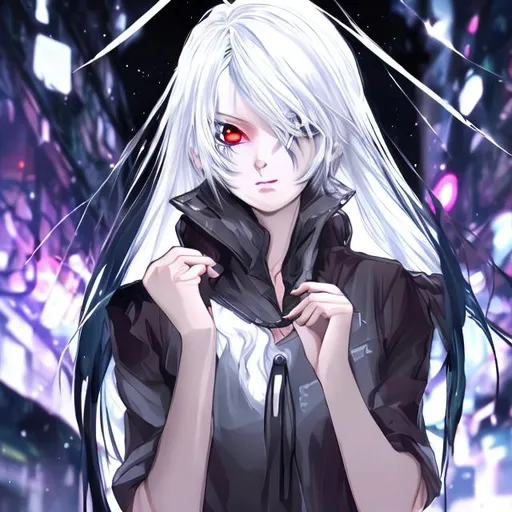 Prompt: anime lady at black night with short white hair and beauty eyes thinking and she have phone