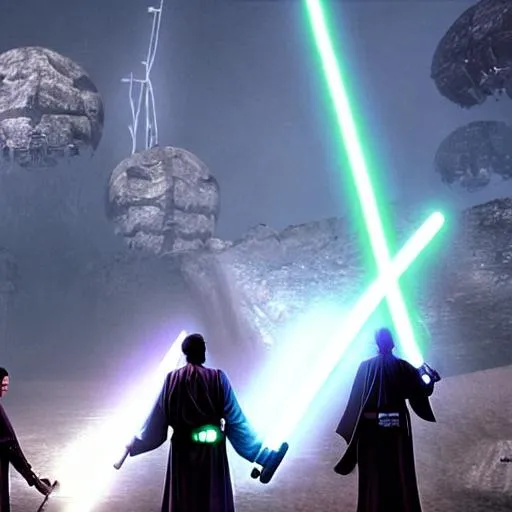 Prompt: A group of Jedi holding lightsabers, Planet Yavin IV in the background, photo realistic
