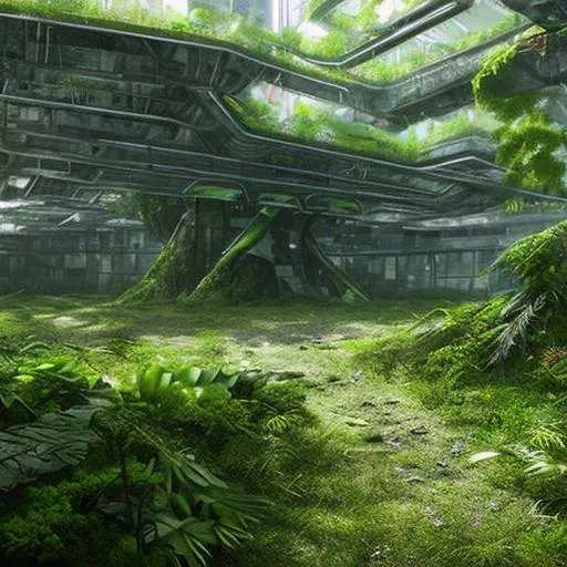 Prompt: Abandoned Futuristic City overgrown lush green plants high resolution







