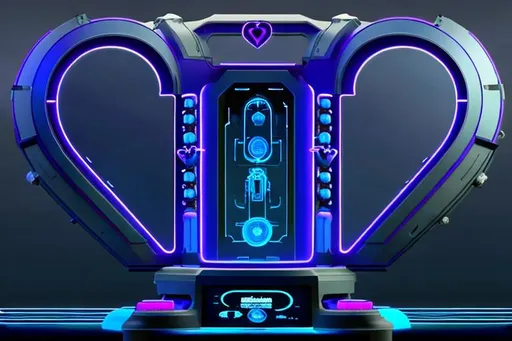 Prompt: Inertial Propulsion Systems, Produce Unified Directional Force, Heart shaped, chamber, chassis, perfect symmetry, two hollow square rails that loop from the center back to the center at the bottom. mechanical, electric blue plasma radio isotope center core, By Matthew S Roberts