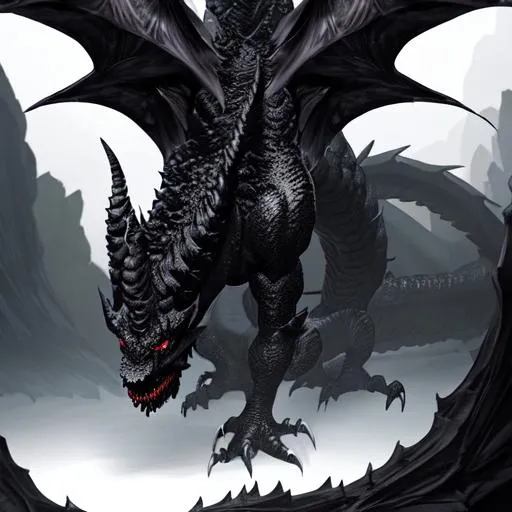 Prompt: black dragon, scary, intimidating, full render, 60k, 10 horns, pointed tail, spikes on tail, tree heads, cave backround