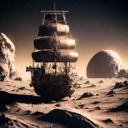 Prompt: ship sailing on the moon photorealistic Camera settings: Full-frame , 100mm lens, f/1.2 aperture, ISO 100, shutter speed 60 seconds. Cinematic lighting, Unreal Engine 5, Cinematic, Color Grading, Editorial Photography, Photography, Photoshoot, Shot on 70mm lense, Depth of Field, DOF, Tilt Blur, Shutter Speed 1/2500, F/13, White Balance, 45k, Super-Resolution, Megapixel, ProPhoto RGB, VR, tall, epic, artgerm, alex ross, Halfrear Lighting, Backlight, Natural Lighting, Incandescent, Optical Fiber, Moody Lighting, Cinematic Lighting, Studio Lighting, Soft Lighting, --ar 3:2 --Screen Space Reflections --Diffraction Grading --Chromatic Aberration --GB Displacement --Scan Lines --Ambient Occlusion --Anti-Aliasing FKAA --TXAA --RTX --SSAO --OpenGL-Shader’s --Post Processing --Post-Production --Cell Shading --Tone Mapping --CGI --VFX --SFX** - 