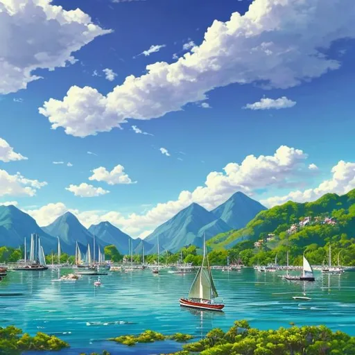 Prompt:  a beautiful town with boats in the water, surrounded by majestic mountains and a bright blue sky. The foreground of the image is filled with lush green vegetation, while the background shows off an impressive mountain range. In the center of the painting, there are several sailboats floating peacefully on top of the lake's surface. A few clouds can be seen scattered across the sky above them. On one side of this idyllic scene lies a house with its roof visible from afar. To complete this tranquil landscape, there are piles of white objects and brown square objects with green backgrounds scattered around as wel
