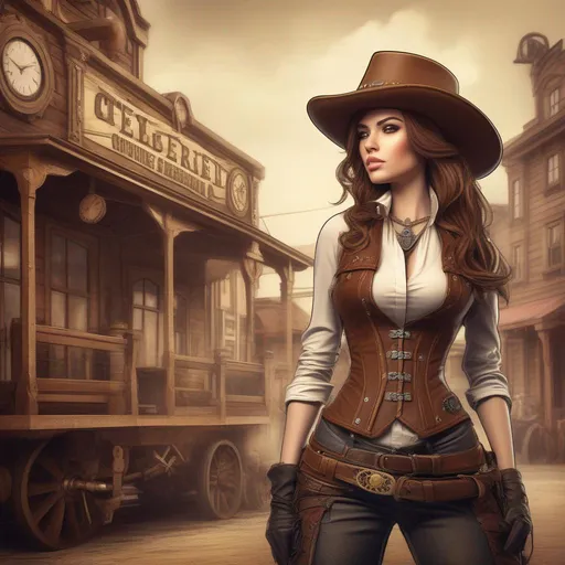 Prompt: beautiful female cowgirl in a steampunk style western town