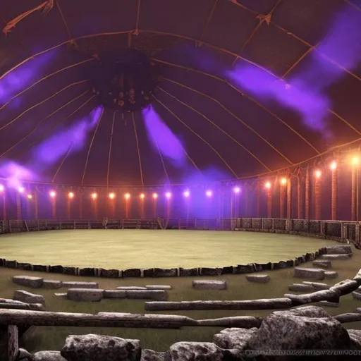 Prompt: roman fighting arena in purple circus tent in realistic 8k 
