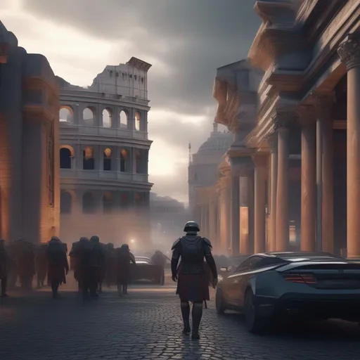 Prompt:  ultrarealistic futurist city of roman empire, many details, streets, buildings, future cars, dystopian, roman architecture, with soldier marching, Hyperrealistic, sharp focus, Professional, UHD, HDR, 8K, Render, electronic, dramatic, vivid, pressure, stress, traumatic, dark.