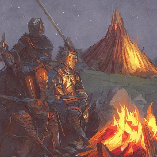 Prompt: a tired knight is sitting in front of a bonfire looking at the flames. realistic.