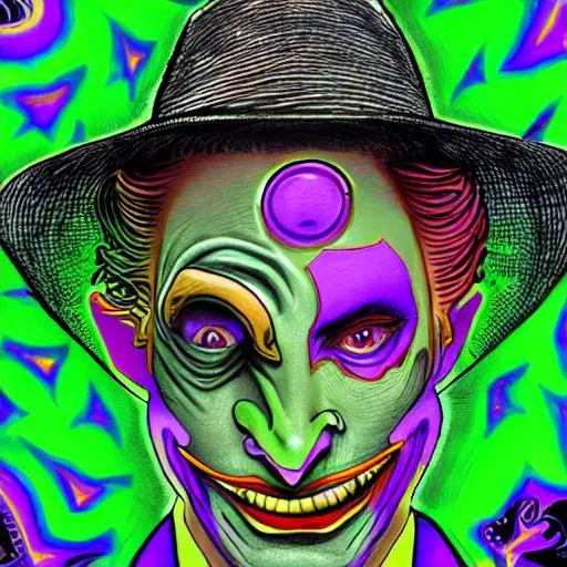 Prompt: an extremely psychedelic portrait of the riddler as the joker, surreal, lsd, face, detailed, intricate, elegant, lithe, highly detailed, digital oth, sharp focus, illustration,