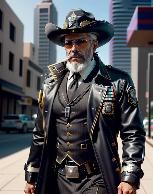 Prompt: perfect composition, bearded goatee {75 year old}, lean {mexican sheriff},{short hair}, {long braided beard}, {wearing futuristic trench coat and police gear}, extra masculine, peak fitness, determined expression, 8k eyes, detailed face, wlop, stanley artgerm lau, artstation, hd, octane render, hyperrealism intricate details, 8k, cinematic volumetric light, proportional, sharp focus, studio photo, intricate details, highly detailed, intricate artwork masterpiece, ominous, intricate, epic, trending on artstation, highly detailed, vibrant, production cinematic character render, ultra high quality model, 