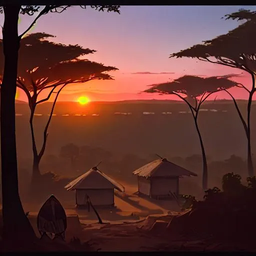 Prompt: Africa landscape, native hut village,  sun set, trees on horizon, wild animals, 