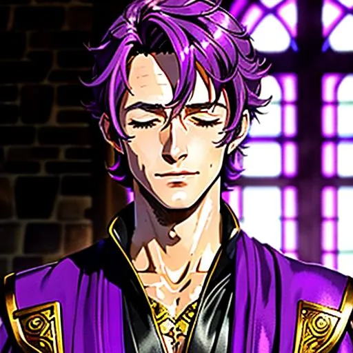 Prompt: full body semi-realistic anime male,  Luke Perry in purple mage robes, eyes closed, skin highlights, hair highlights, short purple hair, blushing, university background, adult researcher, glamour, tan skin
wonderful face, very detailed face, extremely detailed face, highly detailed face, soft smile, happy,
perfect face, eyes closed, perfect teeth, perfect body, perfect anatomy, beautiful body, trending on instagram, trending on tiktok, trending on artstation, trending on cg society, white sclera,
photorealistic, masterpiece, cinematic, 16k artistic photography, epic, drama, 
romance, glamour, 
cinematic lighting, dramatic lighting, insanely detailed, soft natural volumetric cinematic lighting, award-winning photography, rendering, hd, high definition, 
highly detailed