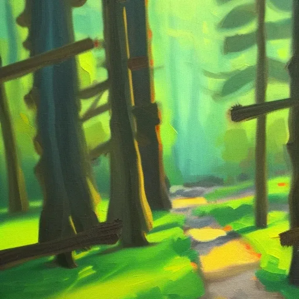 Prompt: a painting of a forest with a wooden cabin, inspired by Max Liebermann, oil on canvas, dynamic perspective and angle, featured on artstation, graham ingels, connectedness, sold at an auction, thin strokes, inspired by Gustaf Tenggren, fantasy art, detail shot, impressionist oil painting, masterpiece contrite conundrum, map patreon, fantasy comics, crayons, seurat, very grainy, warping shapes, swirl paint strokes, oil on canvas, pointillism