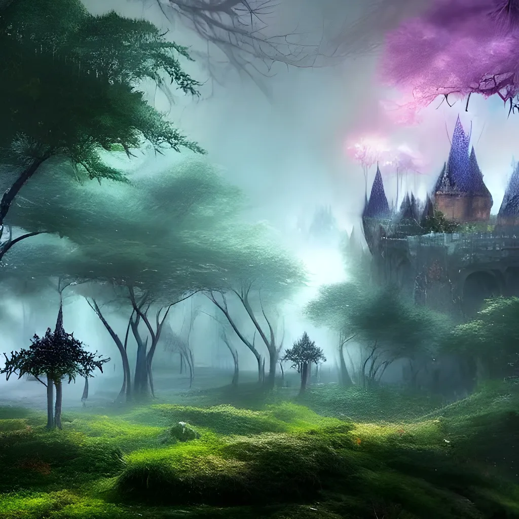 Prompt: Highly detailed wide angle photo of a castle, in a fractal forest, dense vegetation realistic lighting volumetric lighting floating particle effects wonderland fantasy vivid colours fog mist lightrays octane render by Tyler Edlin, hyper realistic, fantasy art