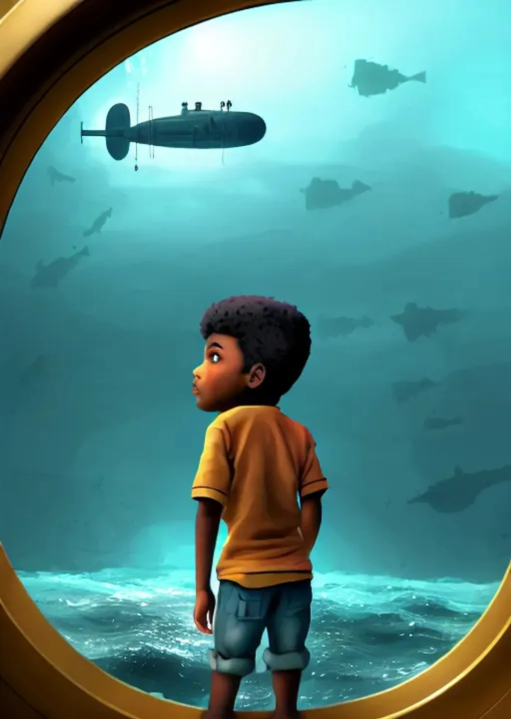 Prompt: a young brown skin boy looking at a army submarines through a porthole, a storybook illustration, cgsociety contest winner, portrait of a sunken ship, c 4 d ”, leonid, looking this way