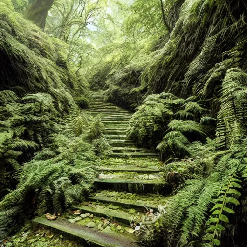 Prompt: fern canyon gorge in oregon, stone stairway, overgrown lush plants, atmospheric, cinematic, highly detailed, ethereal environment, hyper-detailed architecture, photorealistic, octane render

