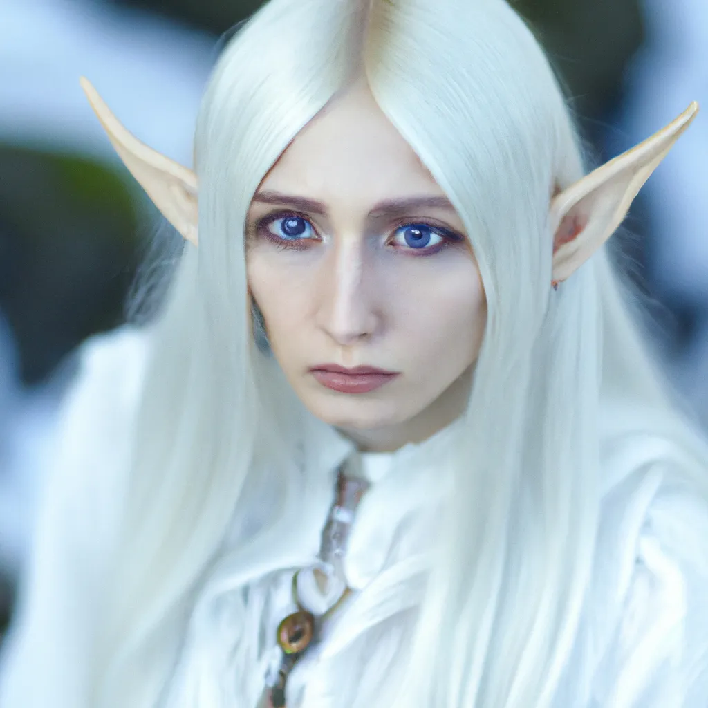 Prompt: Lord of the ring elf queen from northern city, blonde hair, blue eye, white skin, blue and white clothes, Sigma 85mm f/8, 8k