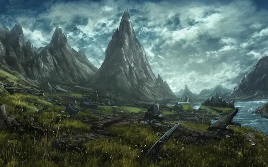 Prompt: landscape, video games, elder scrolls, skyrim, whiterun, morrowind, blades, swords, fantasy, dragons, mountains, fields, trees, retro, tall trees, river, water, color blue, color green, ariel view, blue sky, bright blue, bright green, battle, warriors, mages, wizards, witches, orcs, trolls, fantasy city in the distance, day time, bright, 80s dark fantasy film, 80s dark medieval film