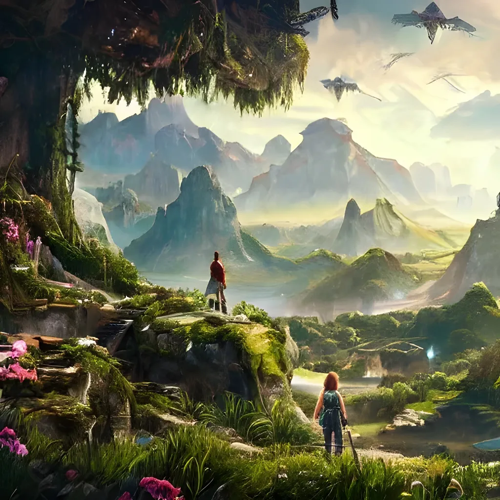 Prompt: a woman standing on a bridge looking at a mountain, a detailed matte painting, fantasy art, in a verdant garden, playstation 5 graphics, broken forests, outer worlds, panoramic anamorphic, aloy, rendered in lumion, girl walking in forest, 2 d game, wonderland, the artist has used bright