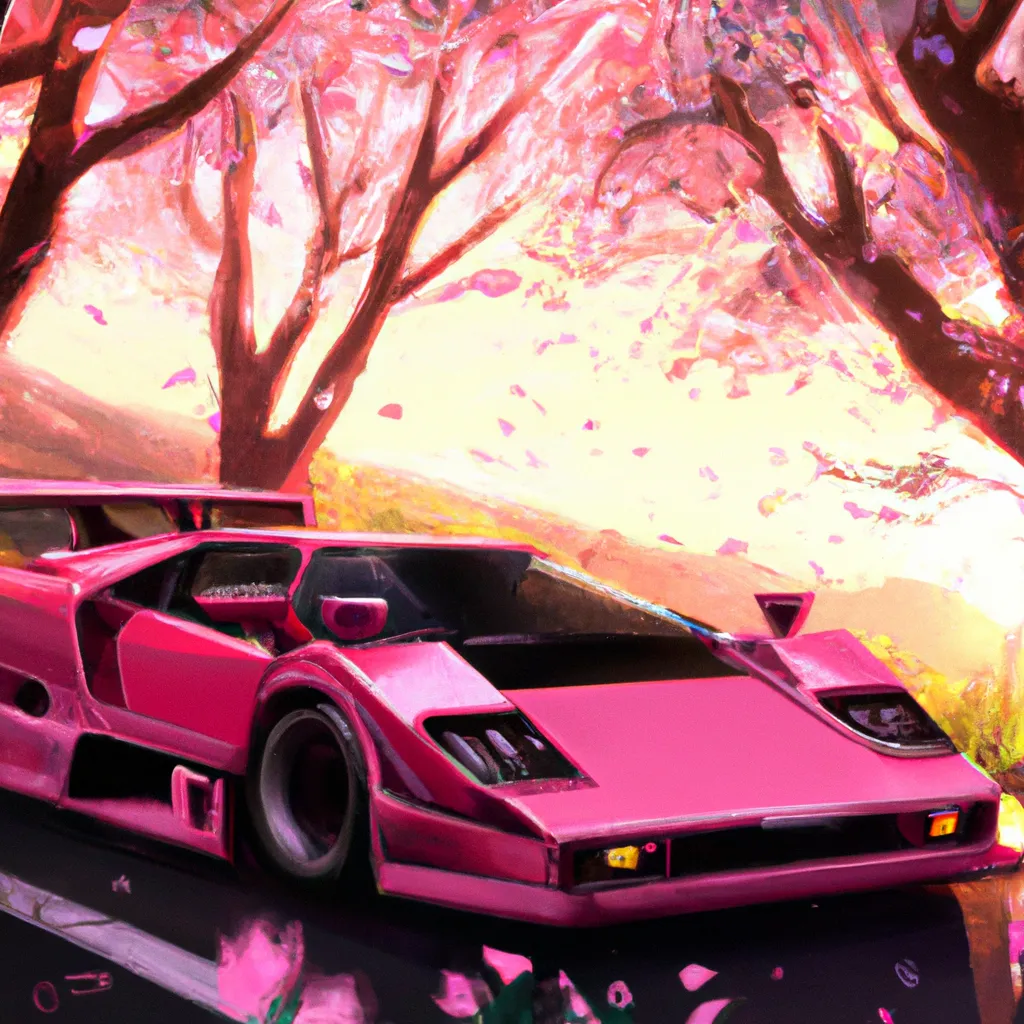 Prompt: Pink Lamborghini Countach LP400 in cherry blossom forest during beautiful sunset, digital painting