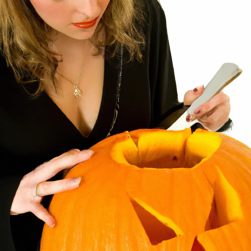 Prompt: A photo of a witch carving a pumpkin