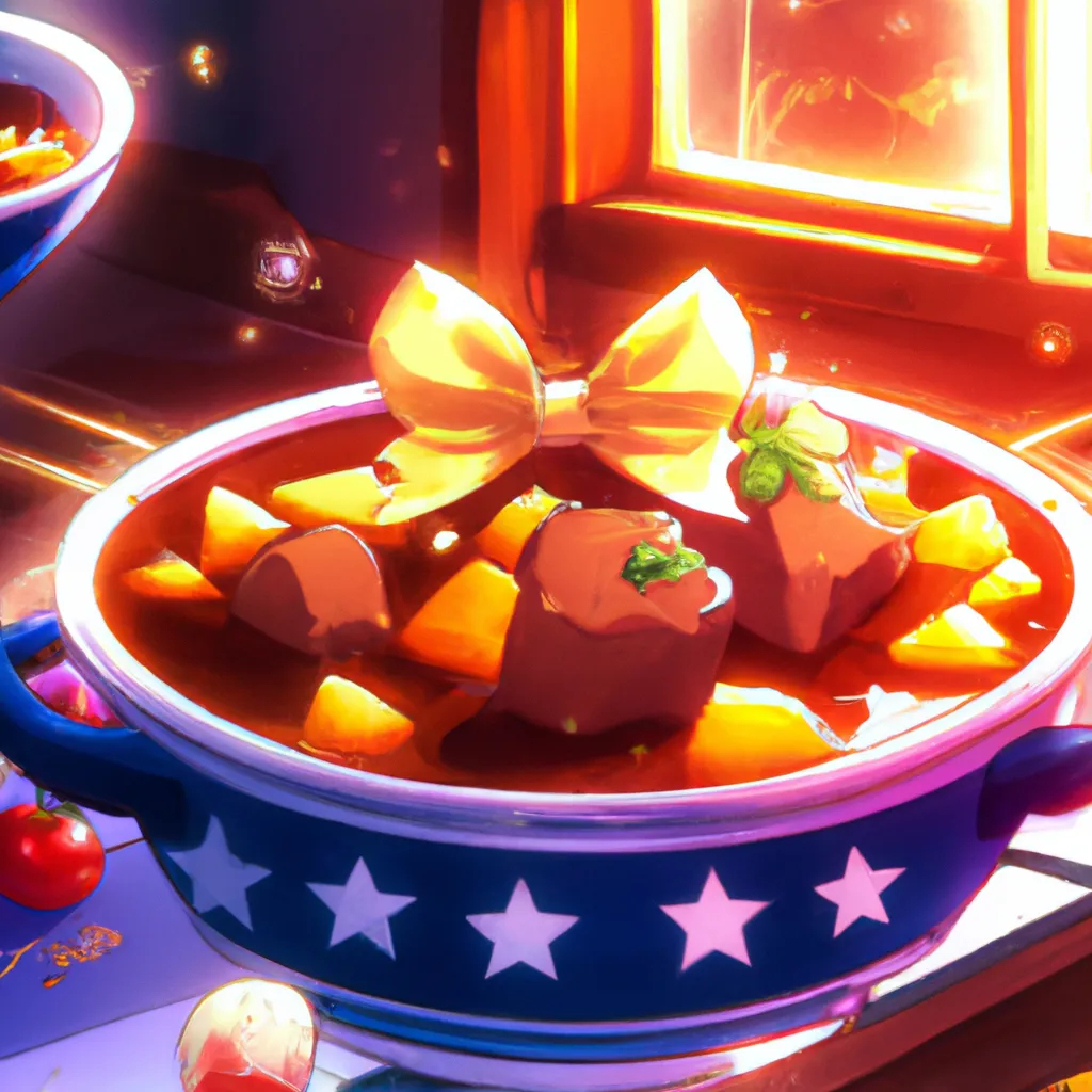 Prompt: A key anime visual , A delicious looking bowl of beef stew, served in a cozy tavern, glistening, delicacy, 5 star food recipe, makes you really hungry, Restaurant to Another World 