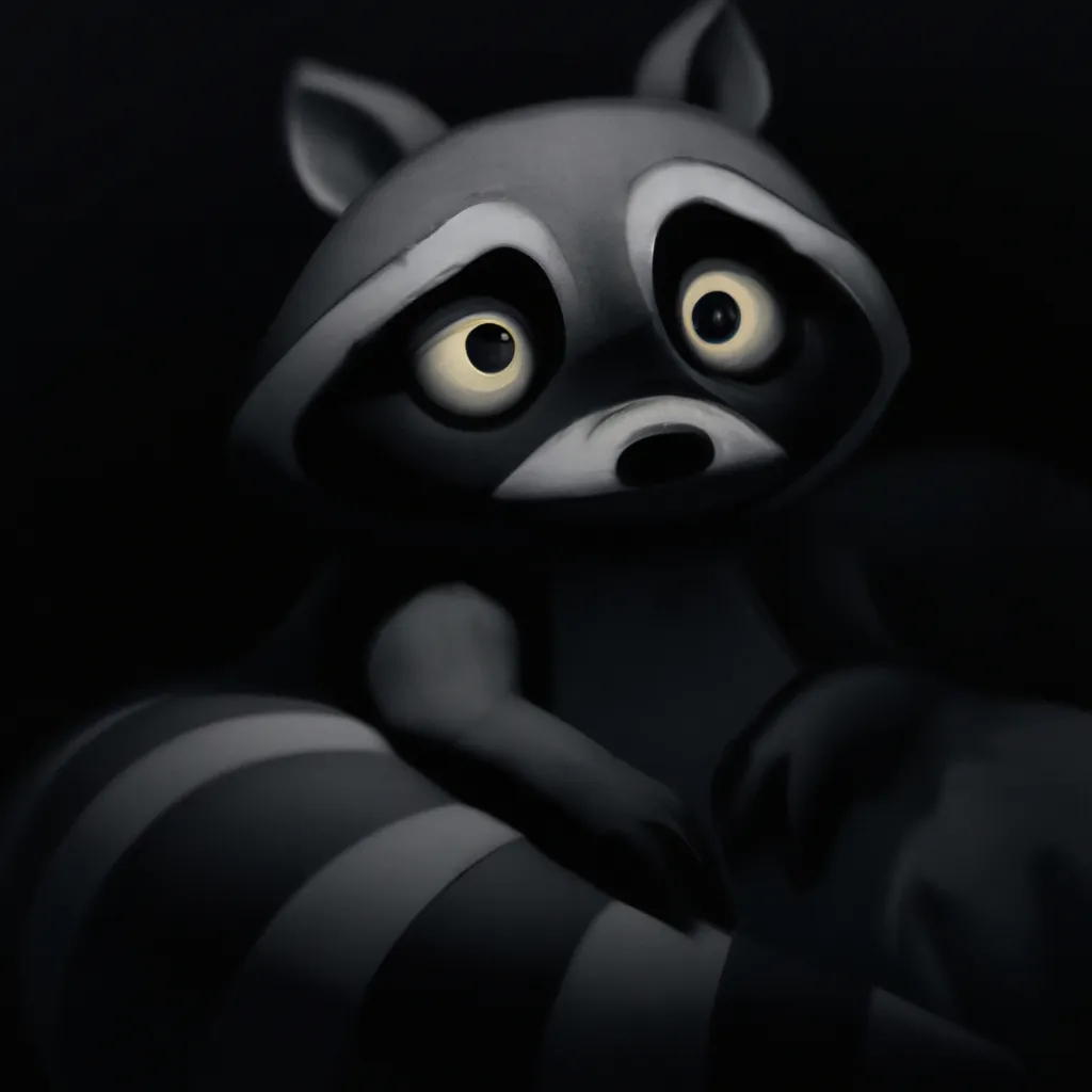 a scary raccoon doll staring at youy in the darkness... | OpenArt