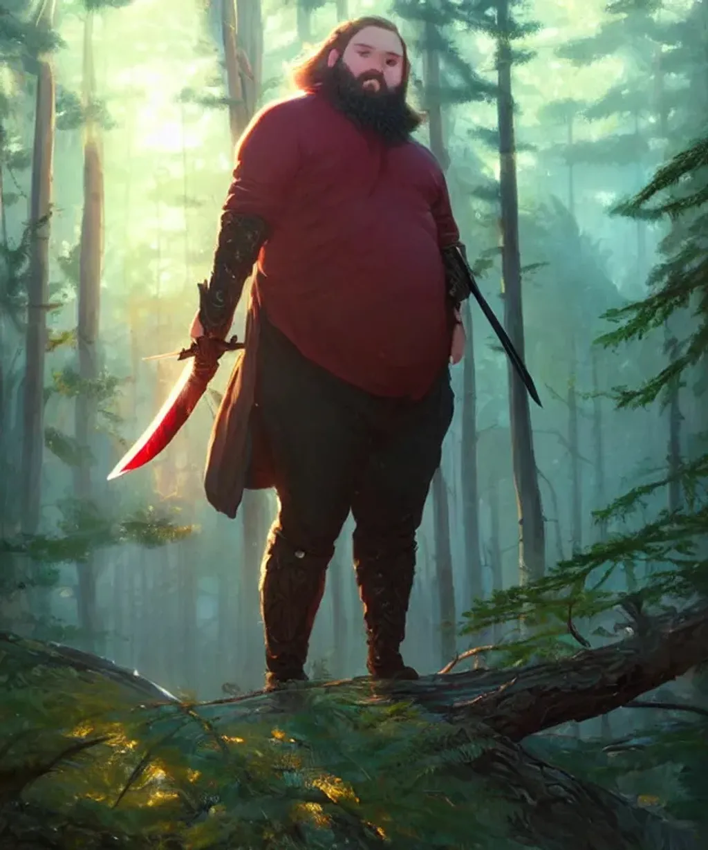 Prompt: A cute K. Trevor Wilson, wide anime eyes, intricate wispy beard, a glowing iridescent sword jacket, a towering iridescent pine forest, red crimson shrikes, art style Greg Rutkowski