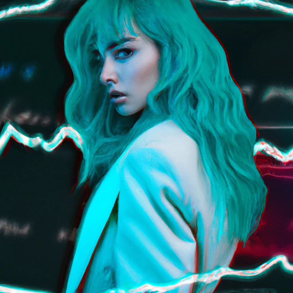 Prompt: film grain, beautiful woman, aqua wavy hair, wearing 80's blazer, detailed, 8k, perfectly shaded, triadic colors, synthwave background, neon, dynamic
