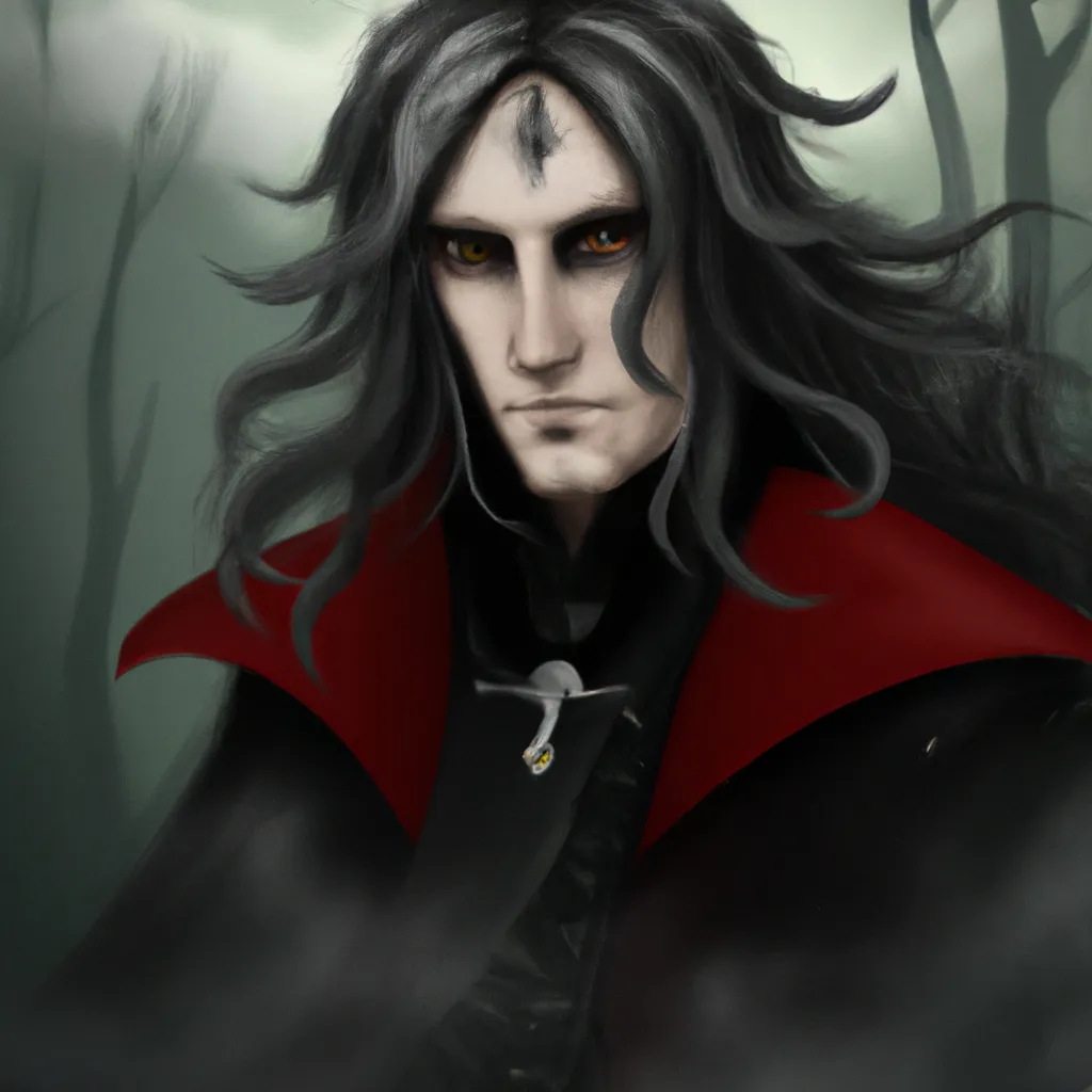 Prompt: A digital portrait of steampunk gothic vampire with long hair and red eyes, beautiful face, and a long black cape, with a dark rainy forest on the background, high quality illustration