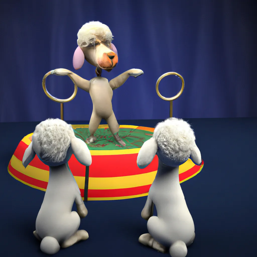 Prompt: Octane render of a humanoid sheep character teaching tricks to a couple of puppy dogs in the circus