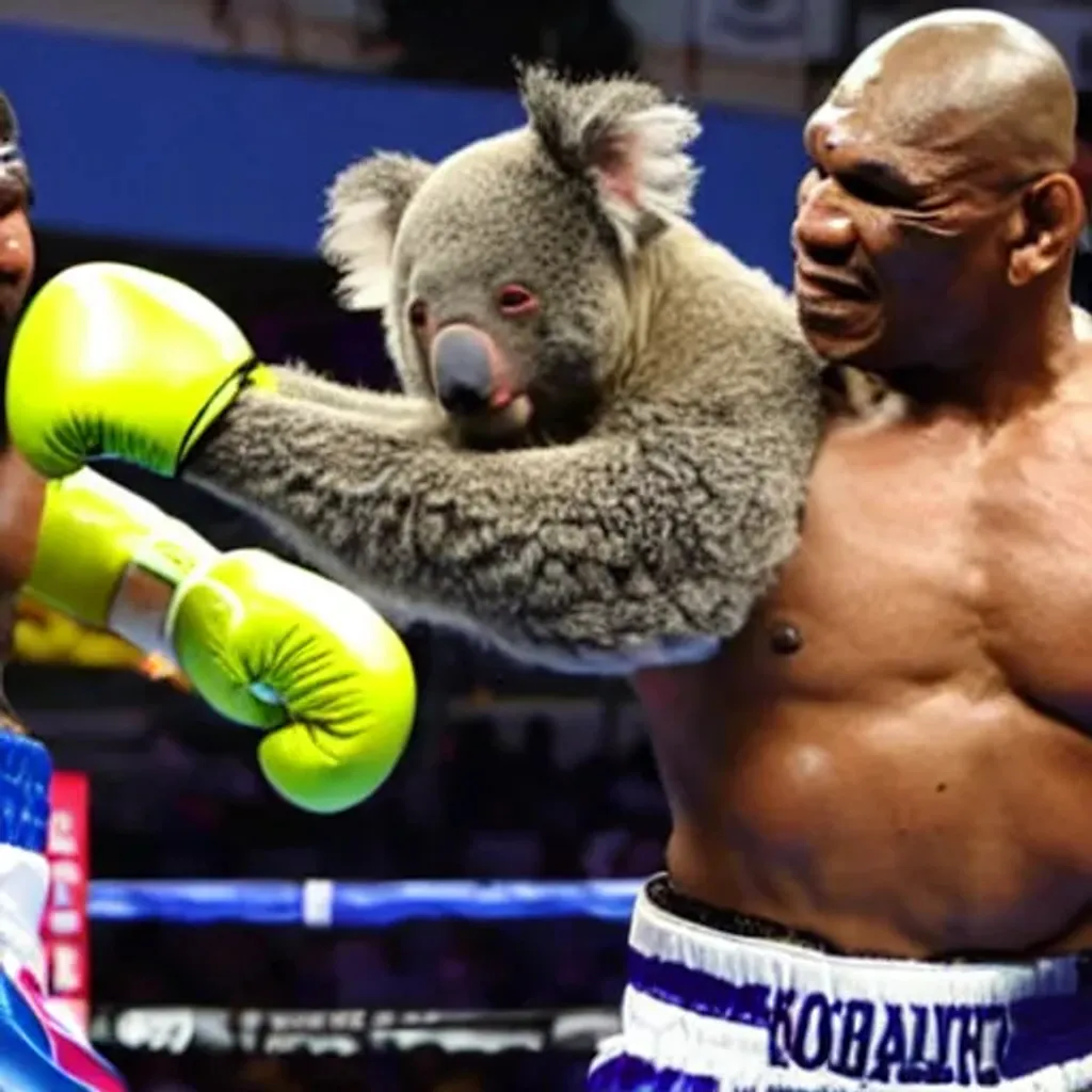 Prompt: buff koala fights Mike Tyson in boxing ring