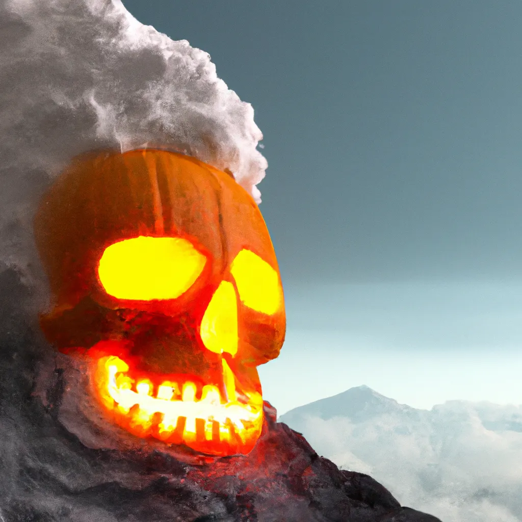 Prompt: A photorealistic skull shaped carved pumpking erupting glowing orange pulp, an avalanche below, 16k, 