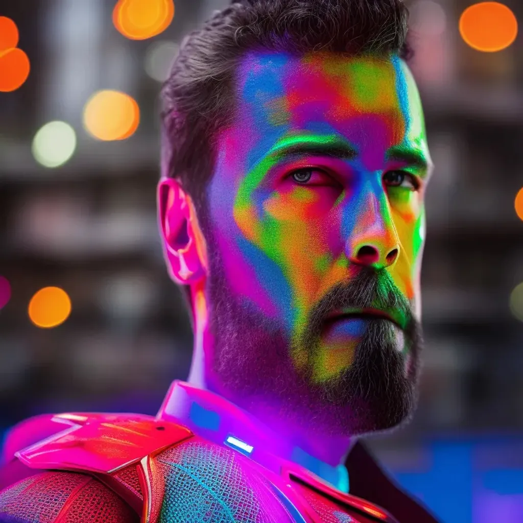 Prompt: Vivid Neon Colors, Portrait Photo of a Man Superhero, Long shot, action scene, highly detailed, intricate detail, Cityscape, highly detailed